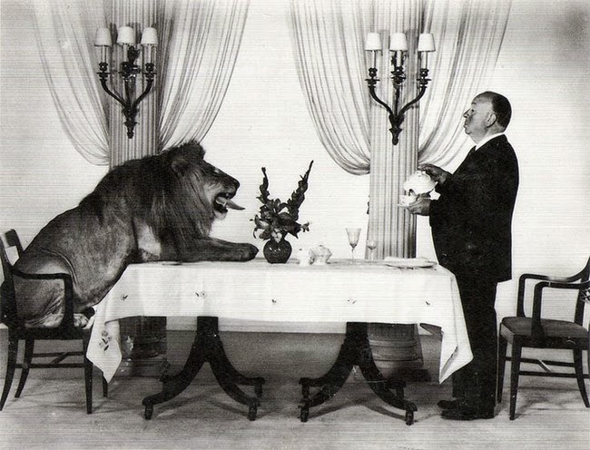 24 Rare Historical Photos That Will Leave You Speechless - Alfred Hitchcock and the MGM Lion Leo having tea together.