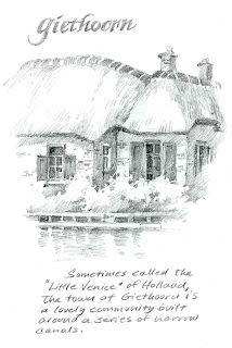 sketchbook drawing study for painting of thatched camelback roof house in Netherlands