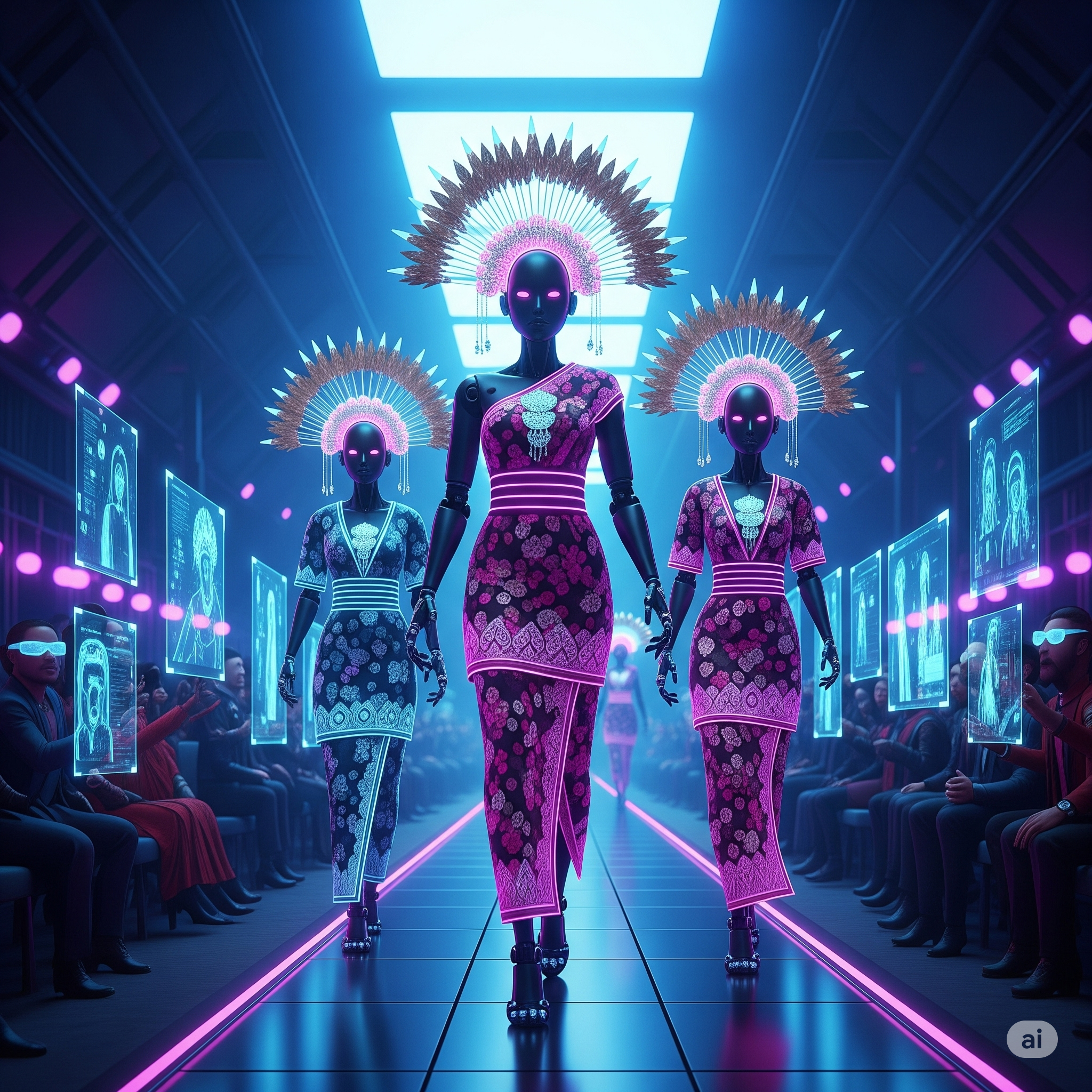 Catwalk Robot Minangkabau di Metaverse Robot humanoid mengenakan baju adat Minangkabau dan suntiang bercahaya berjalan di catwalk digital futuristik dengan penonton avatar.
