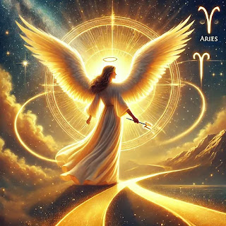 A guiding angel standing at the crossroads, helping Aries navigate change with confidence, strength, and divine insight
