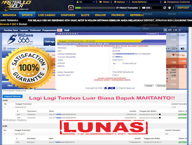 Bukti menang bapak MARTANTO di permainan sportsbook mix parlay dengan total withdraw 77,500,000.00