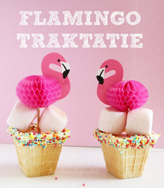 traktatie met flamingo, traktatie zomers, tropische traktatie, traktatie voor in de zomer, flamingo prikker, ijsbekertjes voor traktatie, traktatie met spekkies, traktatie diy