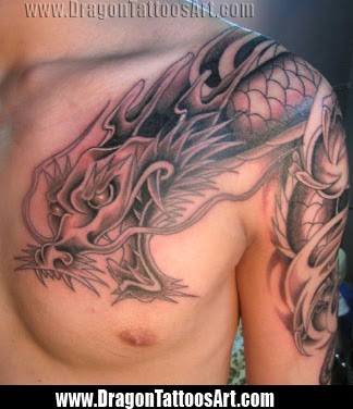 colorful Asian Eastern Oriental style dragon tattoo · Blue and black scroll