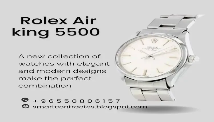 A picture of the Rolex air king watch with a gray background with some information written on it