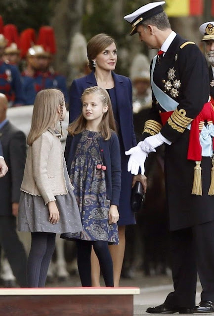 Queen Letizia of Spain, Princess Sofia of Spain and Princess Leonor of Spain attends the Spanish National Day 