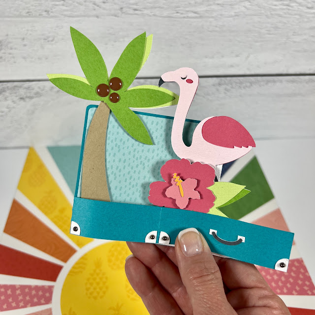 Pop-up Card with Flamingo, Palm Tree, Hibiscus Flower