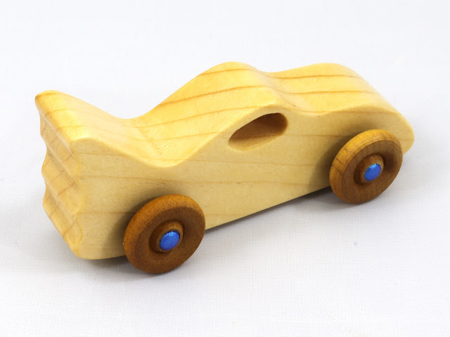 Handmade Wood Toy Car - The Bat Car From the Play Pal Series Clear and Amber Shellac with Metallic Blue Hubs
