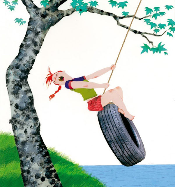 illustration of a little girl on a tire swing by a lake