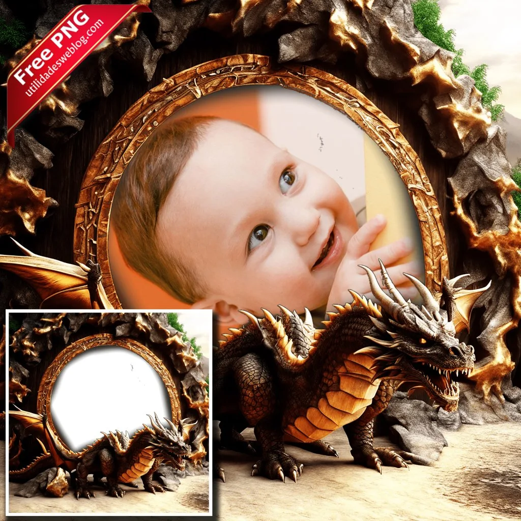 marco para fotos con dragones de apariencia realista en png con fondo transparente para descargar gratis