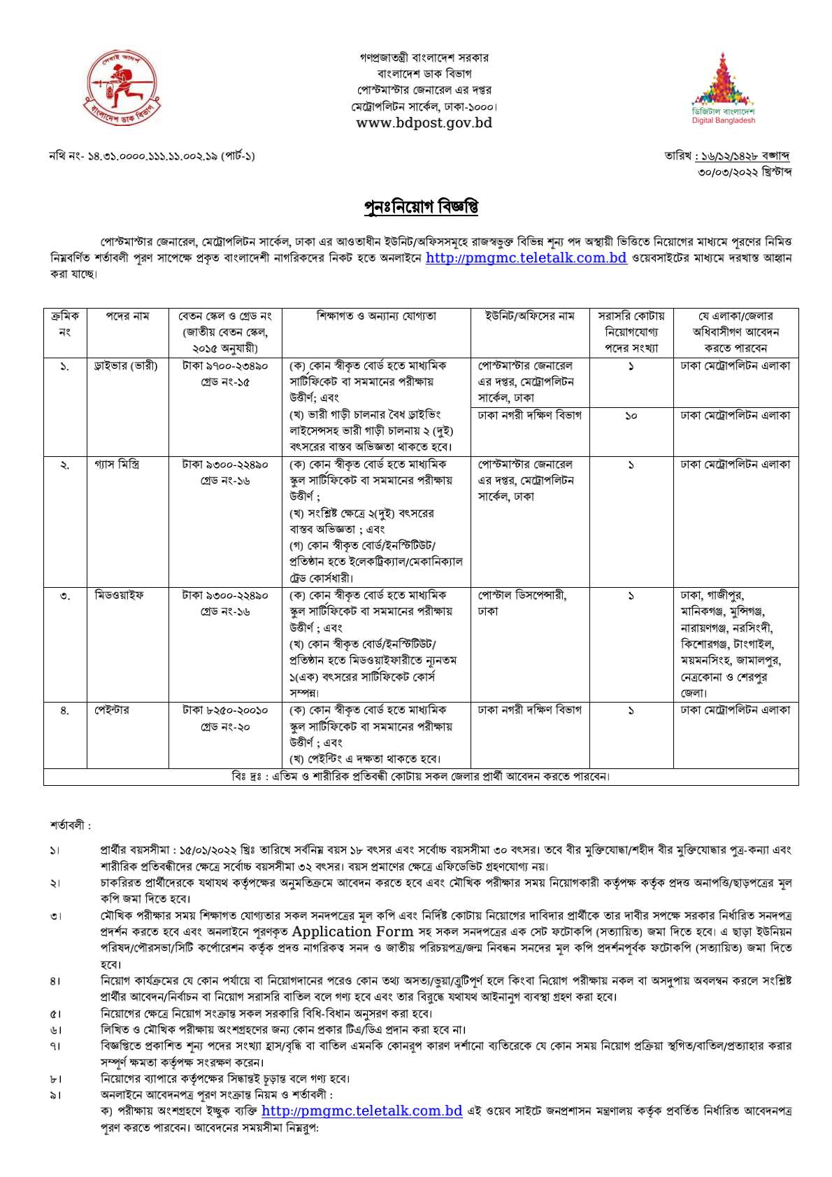 বাংলাদেশ পোস্ট অফিস নিয়োগ বিজ্ঞপ্তি 2022