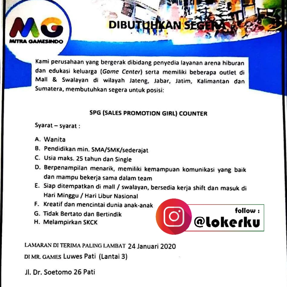 Lowongan Kerja Pati Sebagai Sales Promotion Girl Counter di Mr. Games Luwes Pati