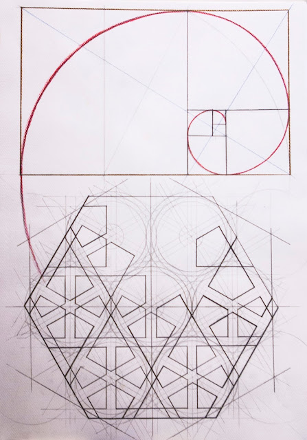 Rysunek odręczny złoty podział konstrukcja geometryczna