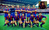 F. C. BARCELONA - Barcelona, España - Temporada 1984-85 - Aranda, Abellan, Cristobal Sánchez, Martín Domínguez, Carreras y Bueno; Retuerto, López López, Padilla, Lobo y Milla; en el recuadro, Durán, que entró en el 2º tiempo, sustituyendo a Cristobal - F. C. BARCELONA 4 (Milla, Lobo, Bueno y Martín Domínguez) REAL ZARAGOZA 0 - 09/09/1984 - Liga de 1ª División, jornada 2 - Barcelona, Nou Camp - Por la huelga convocada por la AFE, los equipos jugaron con juveniles o gente del filial