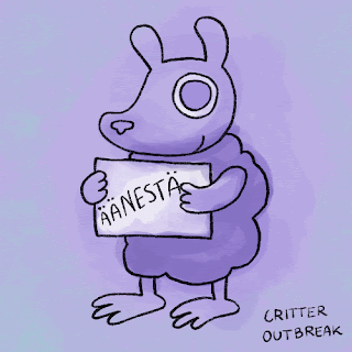 A critter holding a paper with the text "vote" (in Finnish) / Otus pitelemässä paperia, jossa lukee "Äänestä"