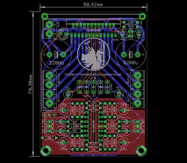 Layout Amplifier TDA7388 Quad Bridge 180W dilengkapi PreAmp