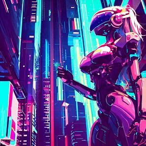 robot girl, cyberpank, dynamic angle, futuristic city background, cel anime2