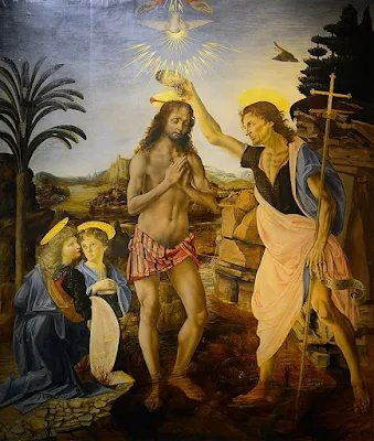 The Baptism of Christ painting by Andrea del Verrocchio and Leonardo da Vinci, depicting John the Baptist baptizing Jesus.
