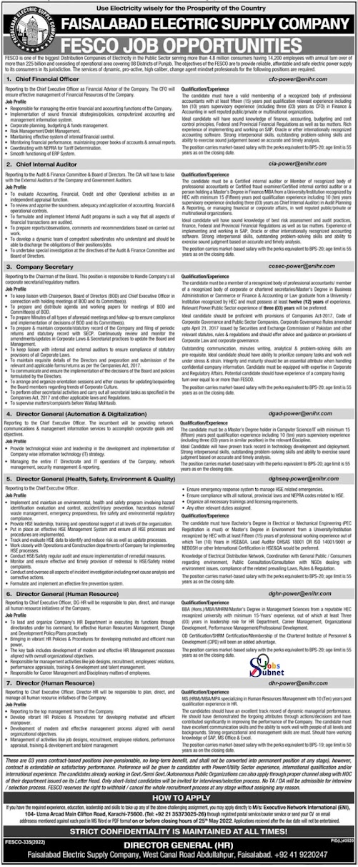 Today Govt Jobs 2022 in Faisalabad Electric Supply Company Limited FESCO