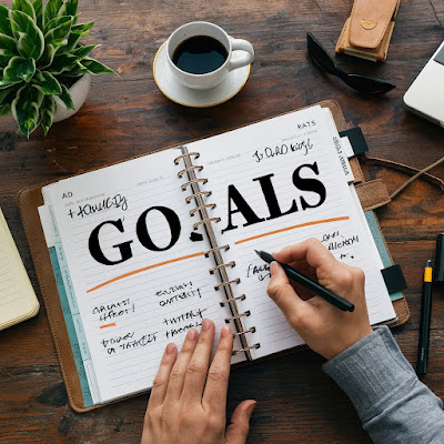 Image of a hand writing goals on a planner