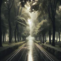 Eine regennasse Straße führt geradewegs durch einen dichten Wald aus mächtigen Laubbäumen. Es herrscht eine melancholische Stimmung.