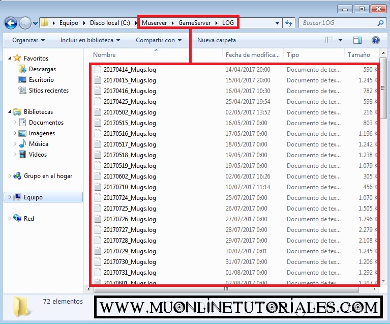 Visualizando logs en la carpeta Muserver logs
