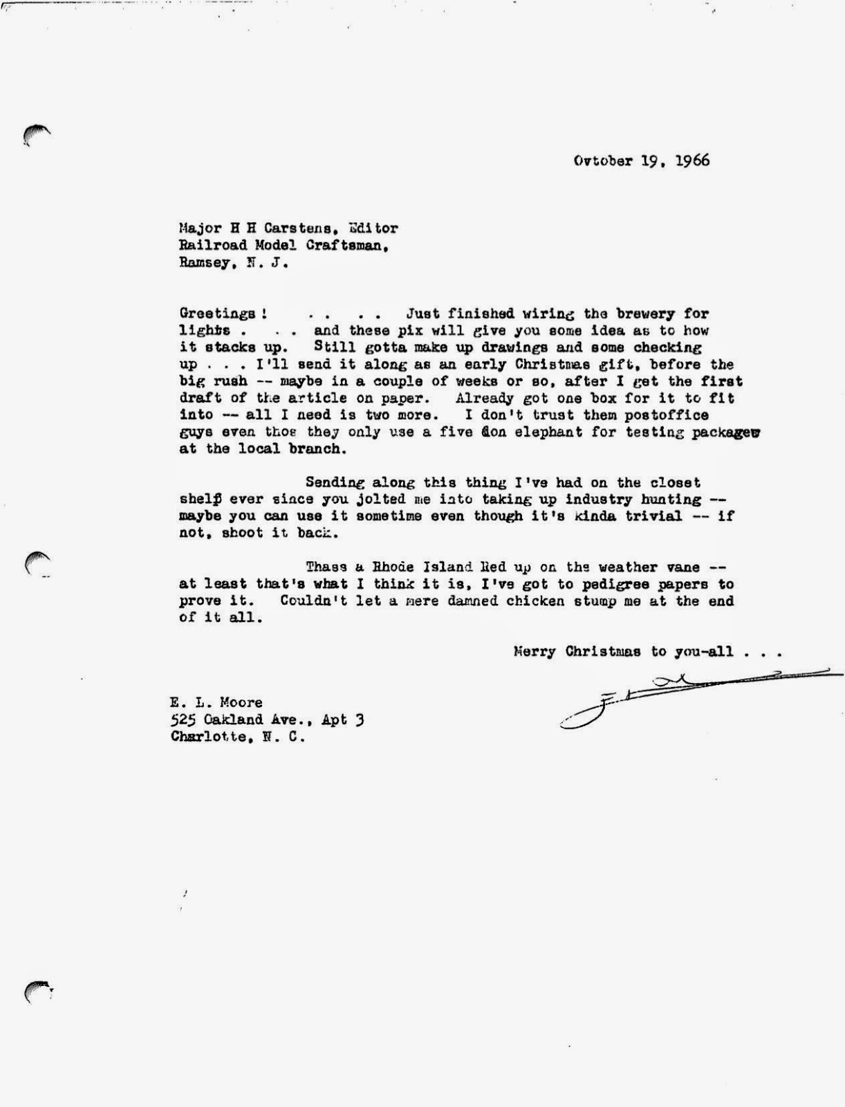 letter that E. L. Moore sent to the editor of Railroad Model Craftsman 