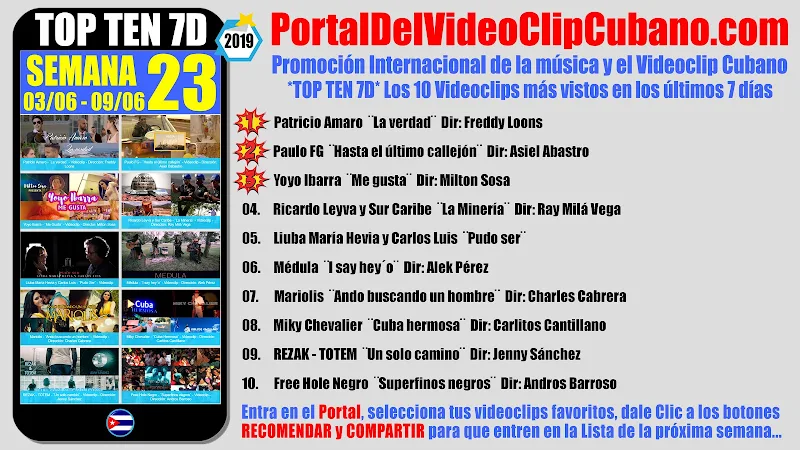 Artistas ganadores del * TOP TEN 7D * con los 10 Videoclips más vistos en la semana 23 (03/06 a 09/06 de 2019) en el Portal Del Vídeo Clip Cubano