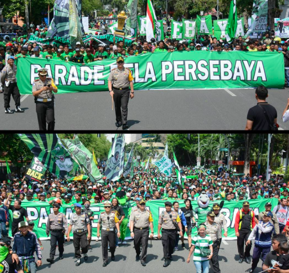 Kapolrestabes Surabaya, Kombes Pol M Iqbal, ikut berjalan kaki bersama ribuan BONEK yg melakukan aksi damai