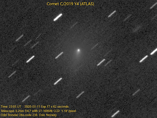 Kometa C/2019 Y4 (ATLAS) sfotografowana 11.03.2020 r. teleskopem 250 mm f4/4.7 z kamerą CCD ST-10XME, łączny czas ekspozycji 17x62 sek. Widoczny krótki warkocz "na godzinę 7" od jądra komety. Credit: Odd Trondal
