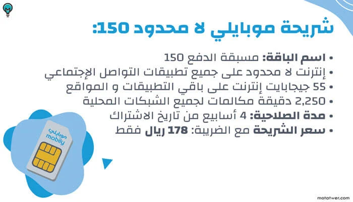 شريحة موبايلي بيانات لامحدود 150 ريال