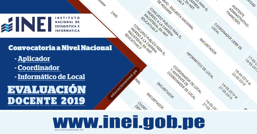 INEI - CONVOCATORIA 2019: Aplicador - Coordinador - Informático de Local - Evaluación Docente - MINEDU (Inscripciones hasta el 27 Mayo) Nivel Nacional - www.inei.gob.pe