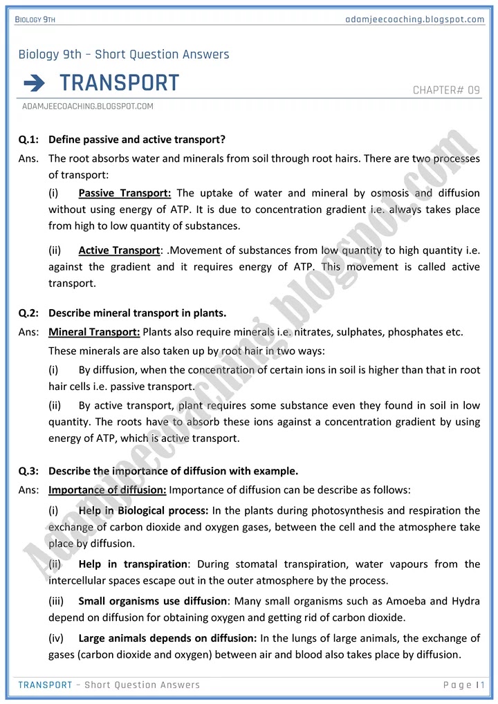 transport-short-question-answers-biology-9th