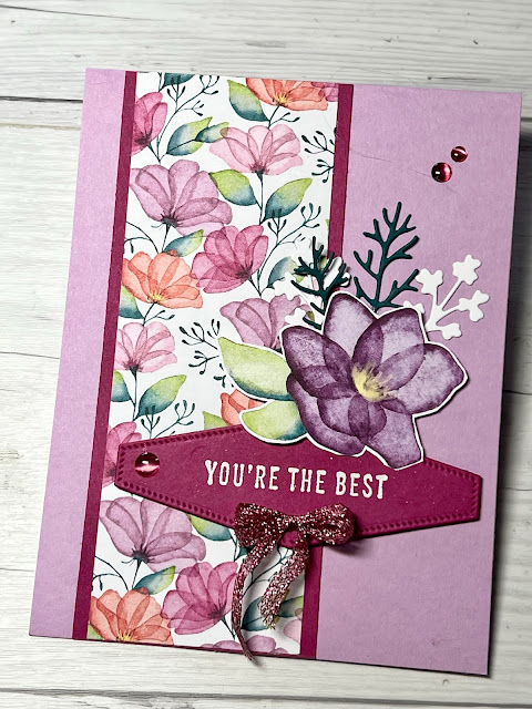 Floral greeting card using Stampin' Up! Delightful Floral Designer Series Paper and Translucent Florals Stamp Set