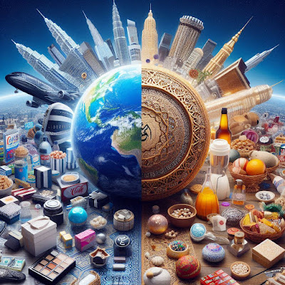 A split image with one side showing luxury global brand logos and mass-produced items, while the other side features products from ethical Islamic businesses, reflecting cultural and spiritual values.
