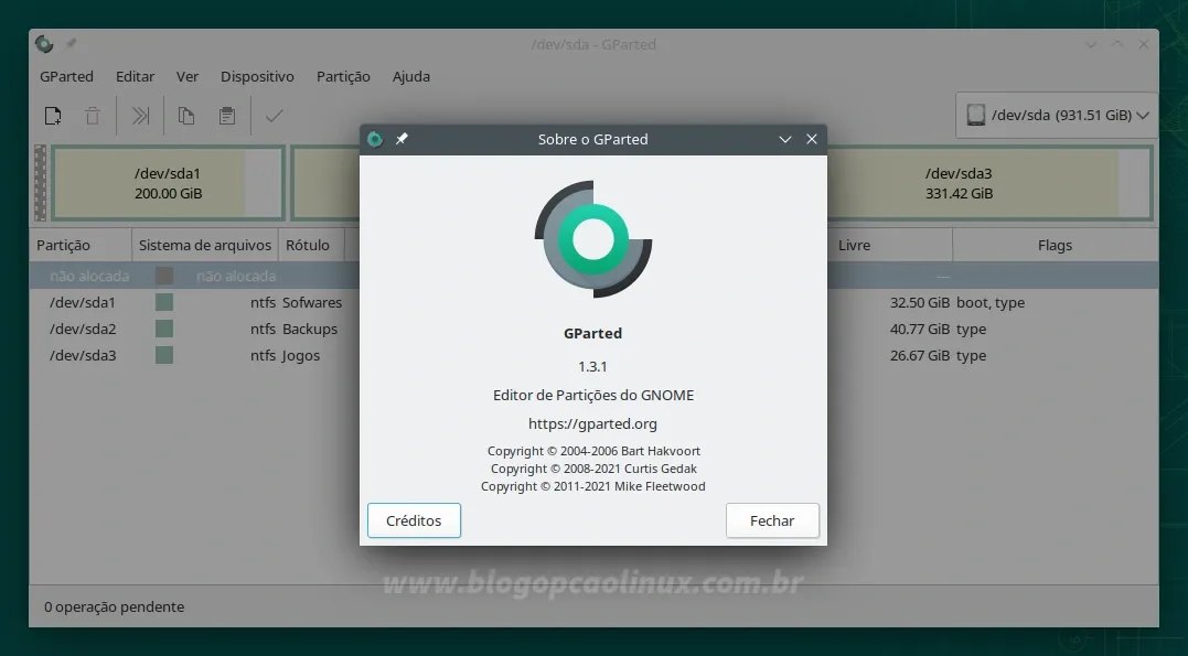 GParted executando no openSUSE Leap 15.4