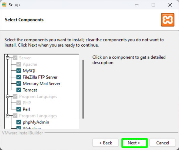 xampp installation select components