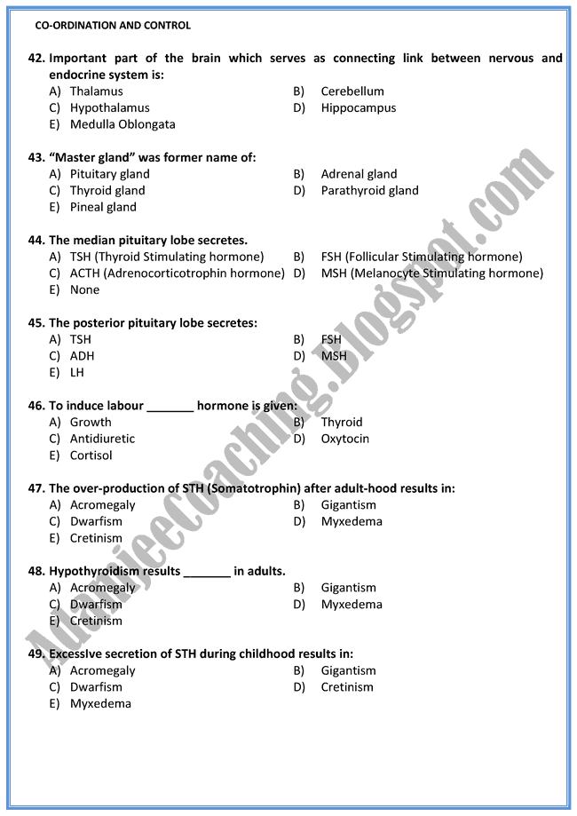 Biology Mcqs XII - Co-ordination and Control - Mcqs