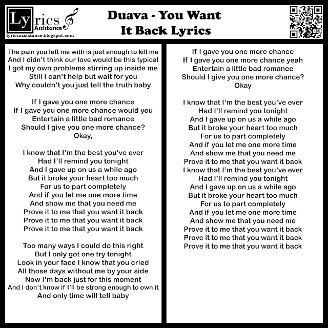 Duava - You Want It Back Lyrics | lyricsassistance.blogspot.com