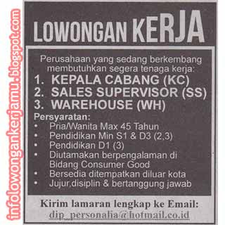 Lowongan Kerja Kepala Cabang, Sales Supervisor, Warehouse