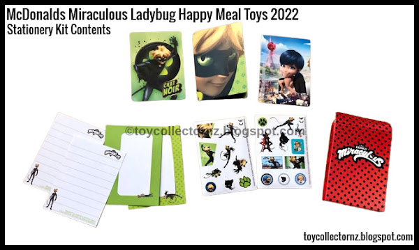 McDonalds Miraculous Ladybug Happy Meal Toys 2022 includes Ladybug, Queen Bee, Cat Noir, Rena Rouge stationery kits. Contents of kits included Miraculous greeting card, envelopes, mini-notebooks, sticker sheets and character cards