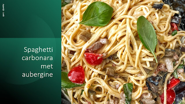 Spaghetti carbonara met aubergine