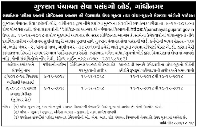 GPSSB Extension Officer (Cooperation) & Social Welfare Inspector Provisional Answer Key 2018