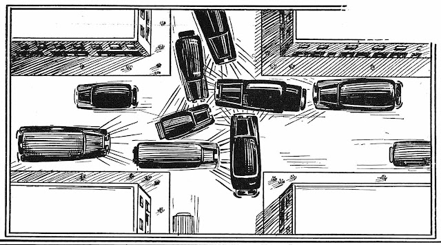 An illustration looking down at a 1939 traffic jam