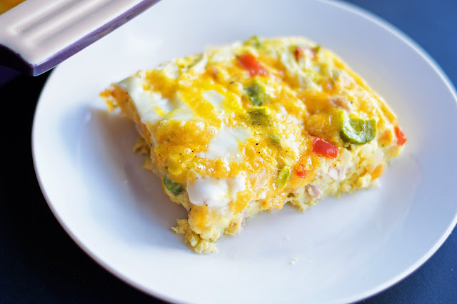 A slice of the finished Denver Omelet Casserole 