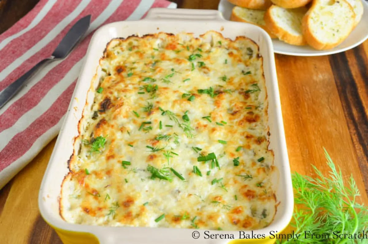 Hot Dungeness Crab Dip topped with fresh dill and chives.