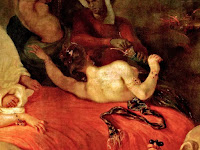 In the romantic artwork the Death of Sardanapalus, Delacroix painted a crouching woman as one of the wives of the king.