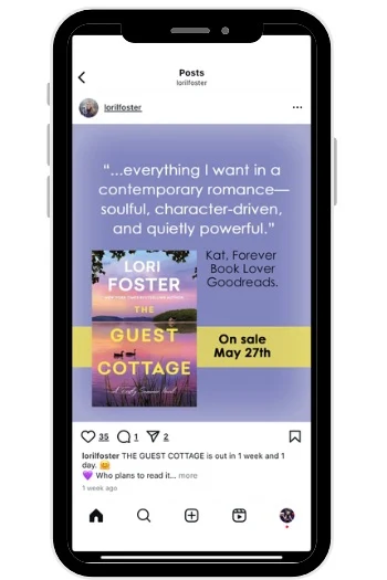 Screenshot of Lori Foster’s Instagram post featuring a quote from Forever Book Lover’s review of The Guest Cottage.
