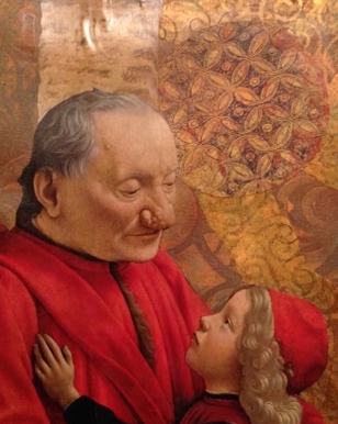 An elderly Renaissance era Man with a cauliflower nose,embraces his grandson.They are both dressed in red with a gold background.