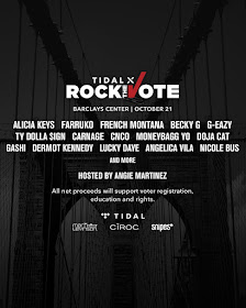 Taking place on Monday, October 21st at Barclays Center in Brooklyn, NY, TIDAL X Rock The Vote Benefit Concert will be hosted by Angie Martinez and feature performances from Alicia Keys, Farruko, French Montana, Becky G, G-Eazy, Ty Dolla $ign, Carnage, CNCO, Moneybagg Yo, Doja Cat, Gashi, Dermot Kennedy, Lucky Daye, Angelica Vila, Nicole Bus and many more.