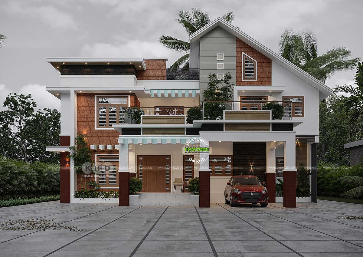 A captivating view of the front elevation with a glass pergola at the center, showcasing a combination of laterite stone, stone tiles, and cement designs, with ceiling lights on the flat roof